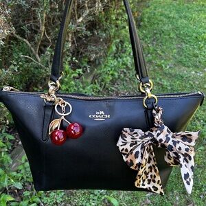 Coach Black Pebbled Leather Shoulder Tote with Cherry Charm and Leopard Bow